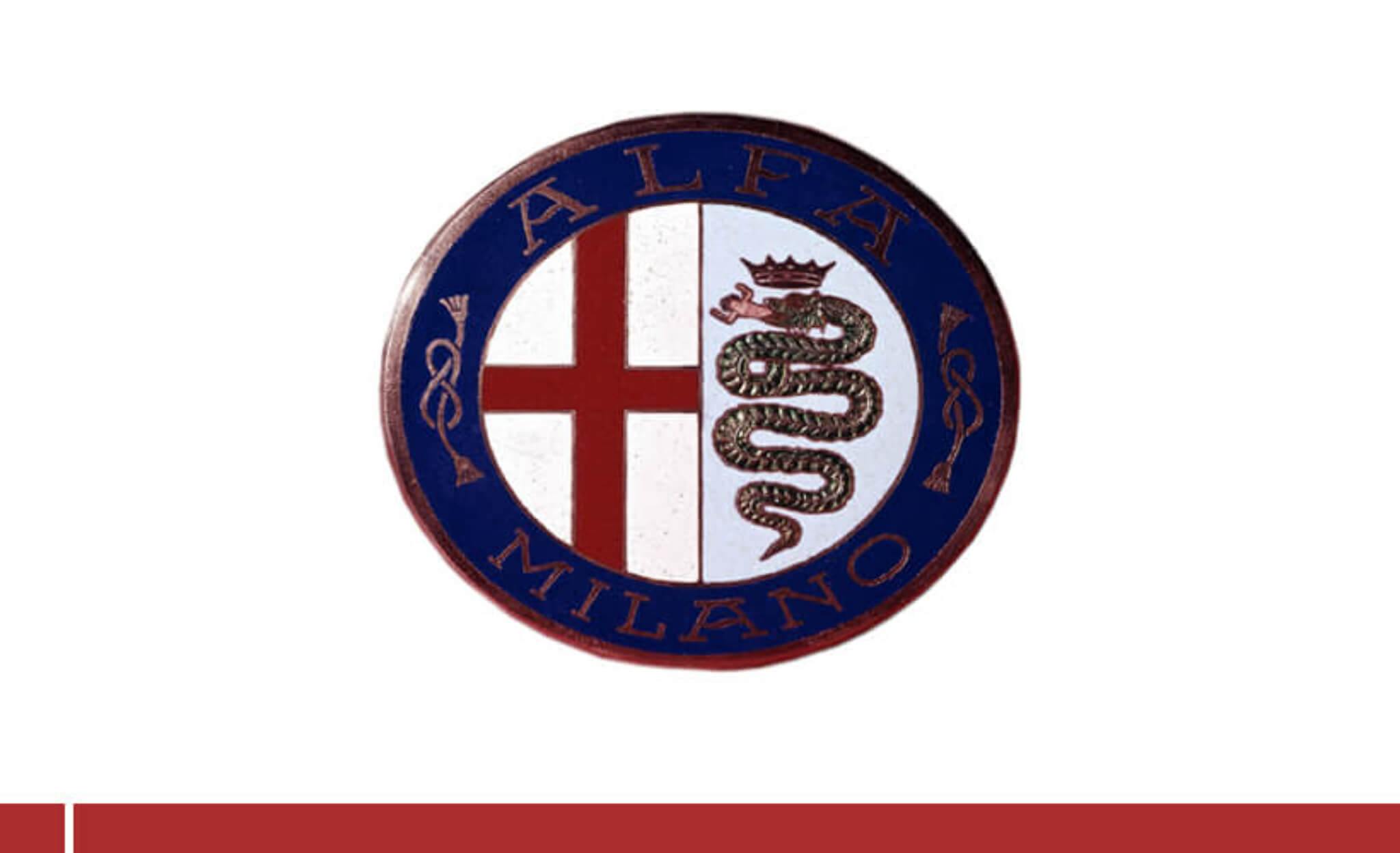 Primeiro Logótipo da Alfa Romeo em 1910: O dragão Biscione do lado direito, o emblema da cidade de Milão do esquerdo, com a cruz de São Jorge vermelha sobre um fundo branco; e o anel azulado com a inscrição "Alfa Milano" a representar, por sua vez, a Família Real.