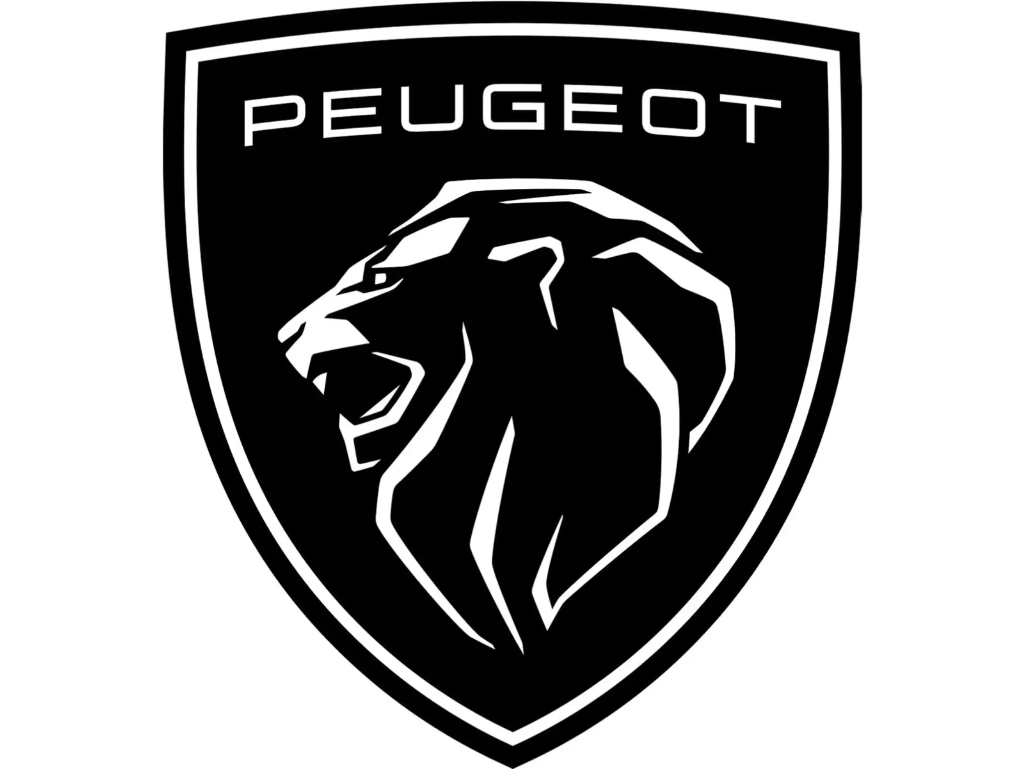 Logótipo preto da cabeça do leão a rugir pintada em branco, com as letras "Peugeot" também em branco.
