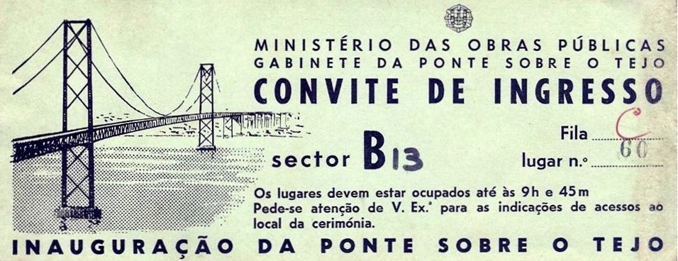 Convite de ingresso para a inauguração da Ponte Sobre o Tejo