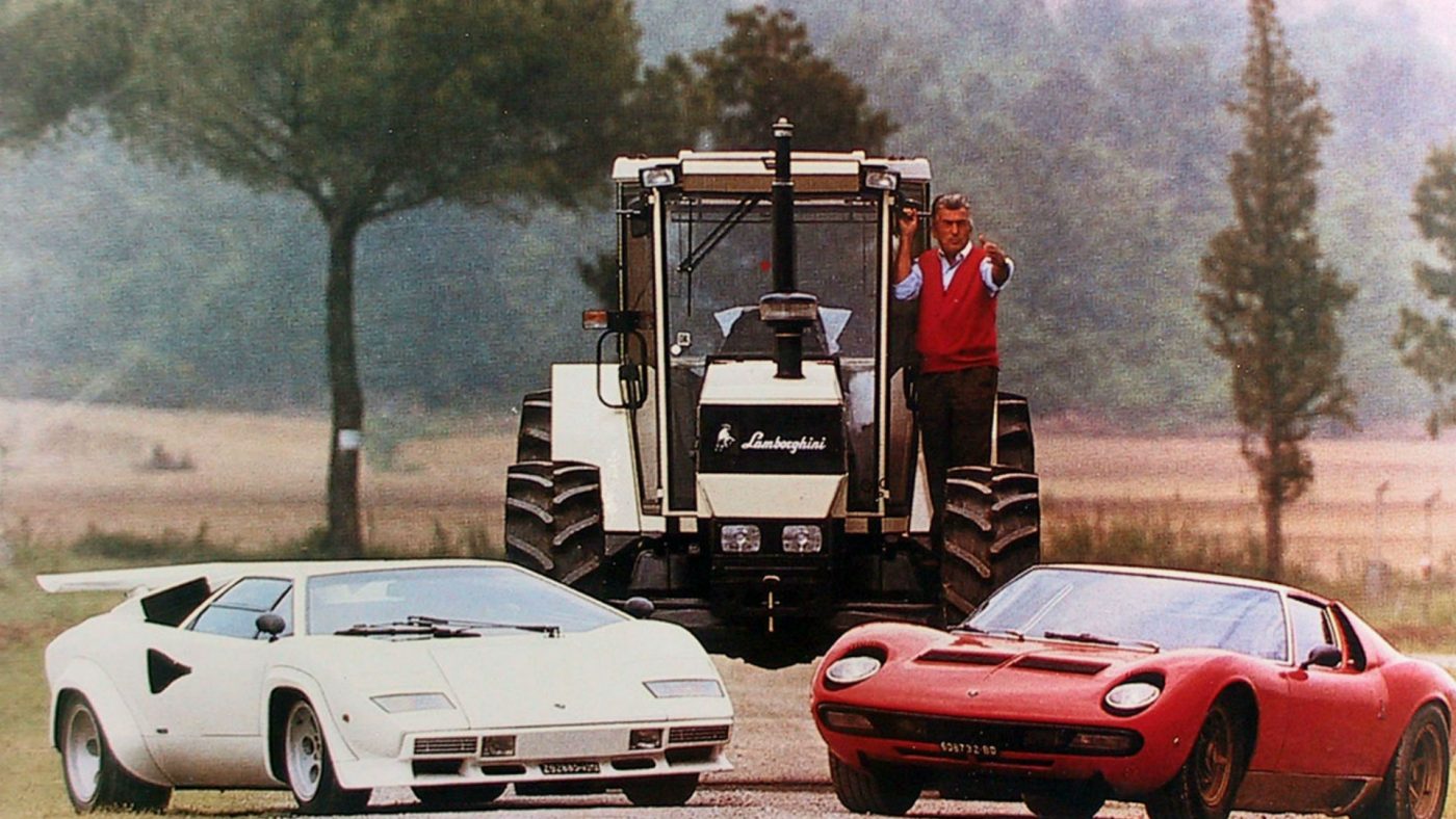 Ferruccio Lamborghini com trator, Lamborghini Countach e Lamborghini Miura