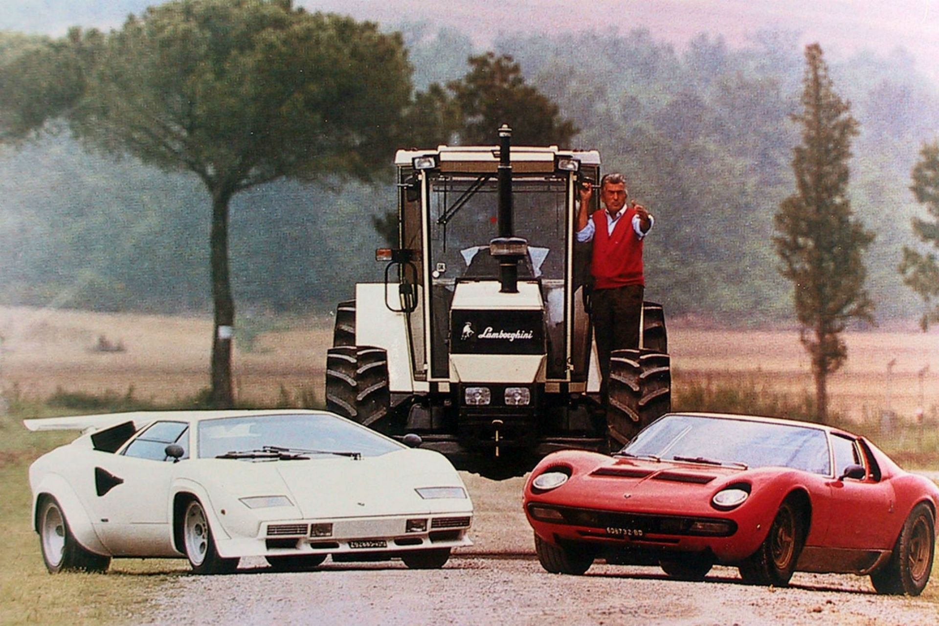 Ferruccio Lamborghini com trator, Lamborghini Countach e Lamborghini Miura