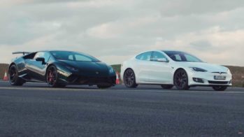 Tesla Model S drag race Lamborghini Huracan Performante