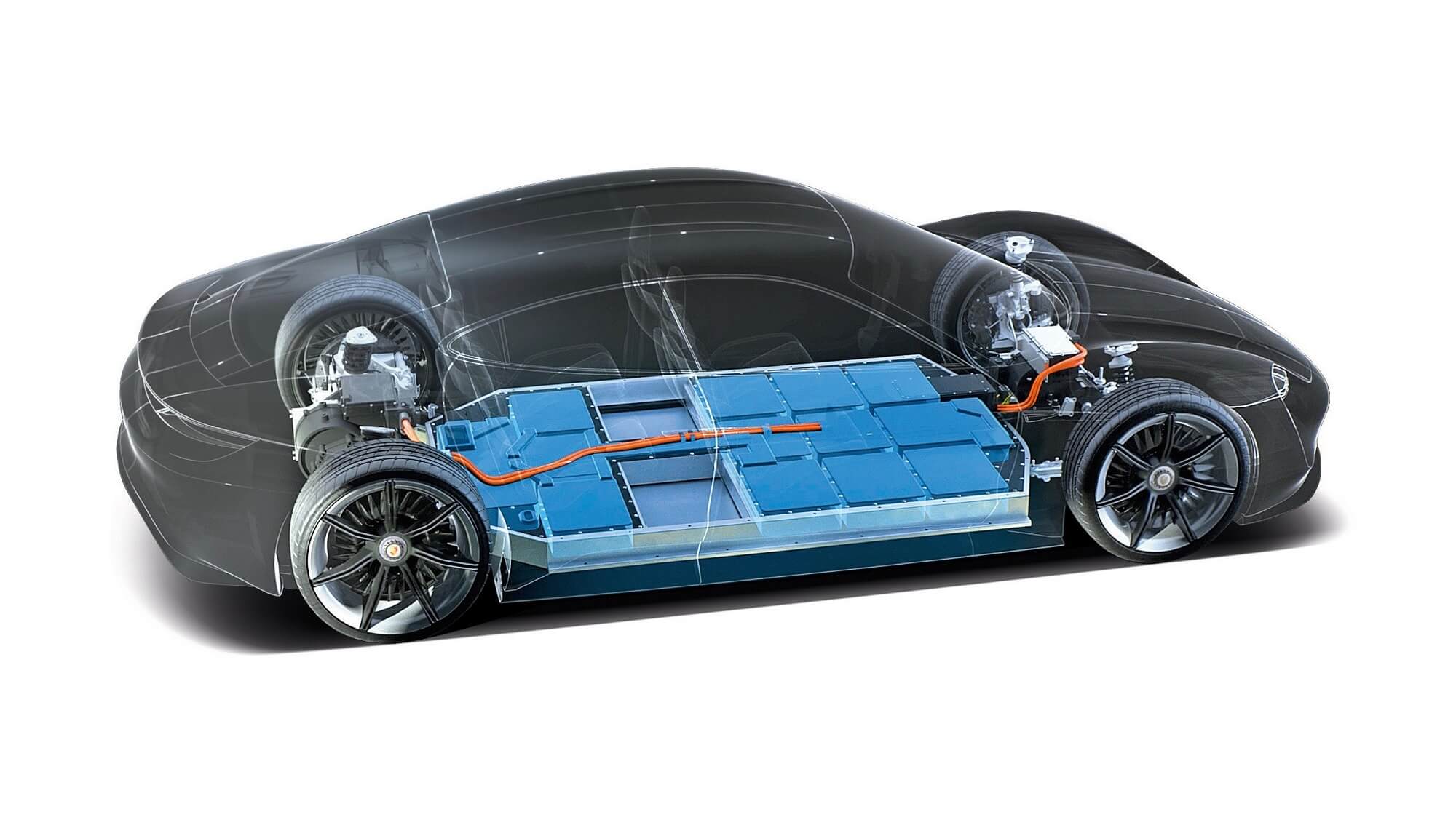 Porsche Taycan — transparência que permite ver o pack da bateria
