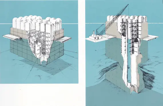 Ilustração que mostram os "caixões" da ponte