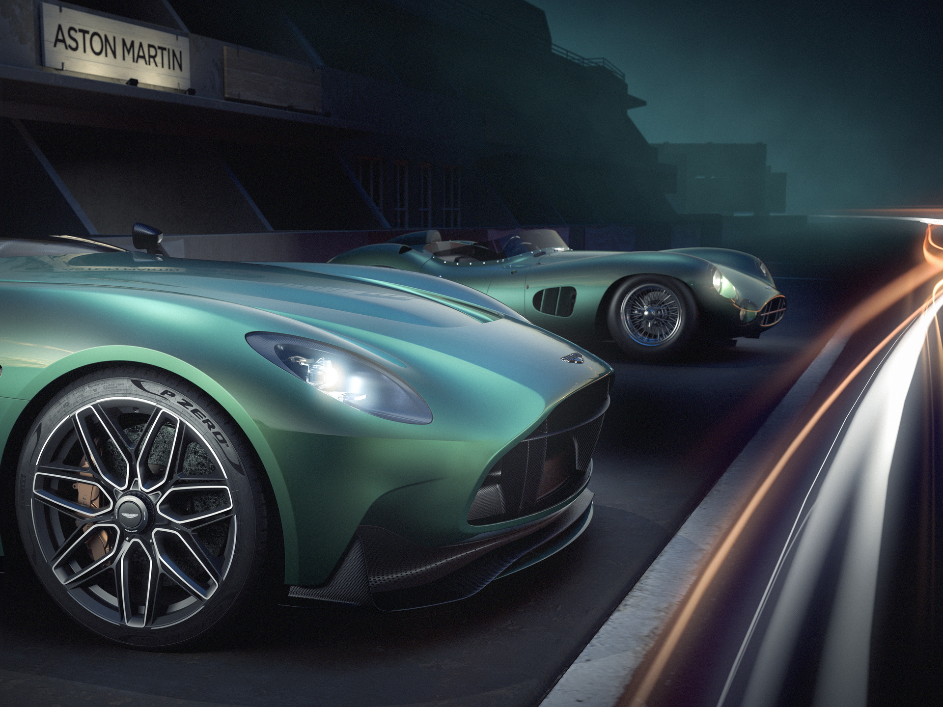 Aston Martin DBR22 detalhe frente com DBR1 em segundo plano