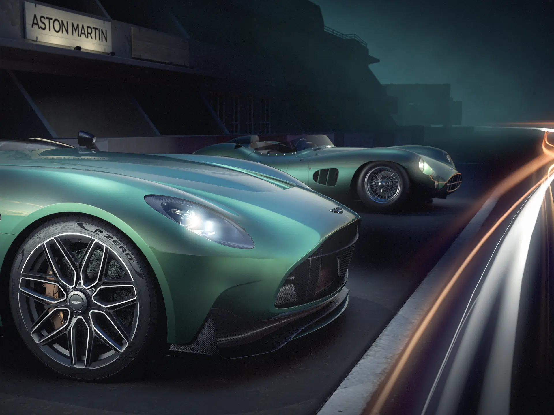 Aston Martin DBR22 detalhe frente com DBR1 em segundo plano