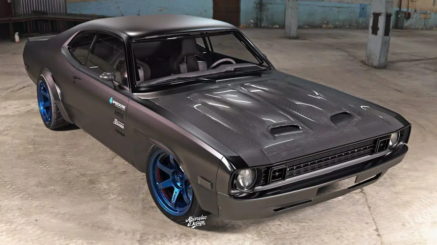 Krampus: Dodge Dart Demon com motor de Honda S2000, frente 3/4