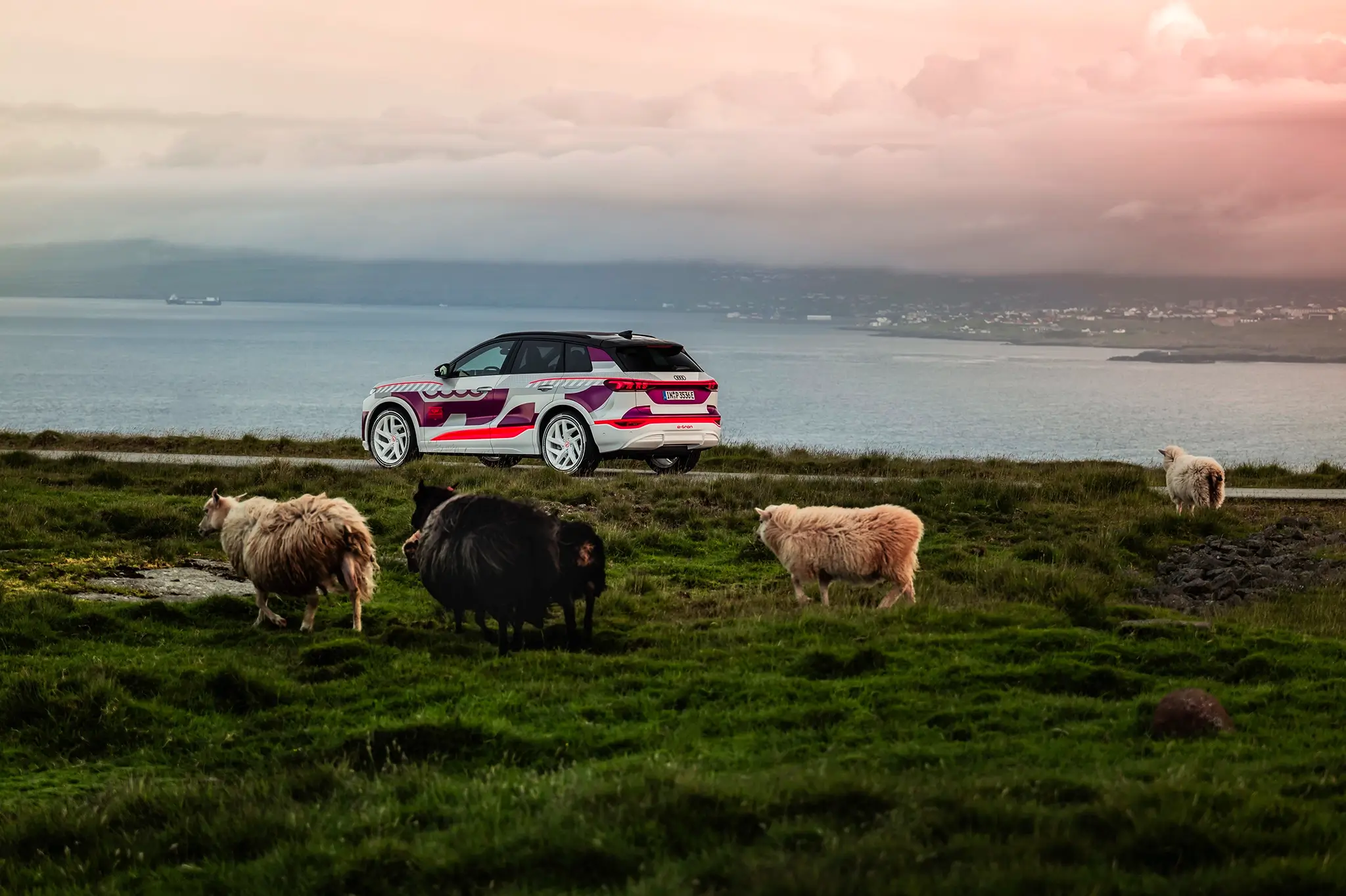 Audi Q6 e-tron 3/4 de traseira com ovelhas por perto