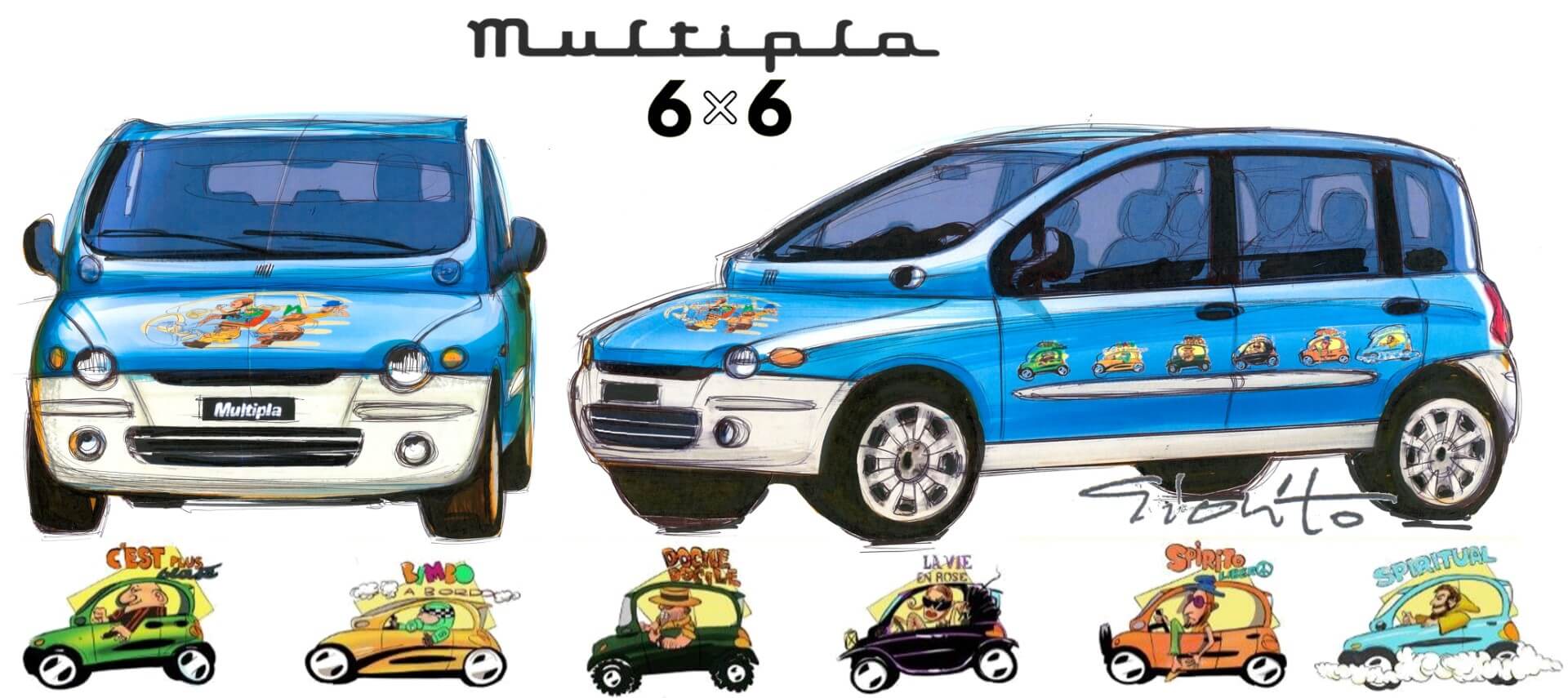 Desenho com duas vistas do Fiat Multipla 6x6 e as seis personagens