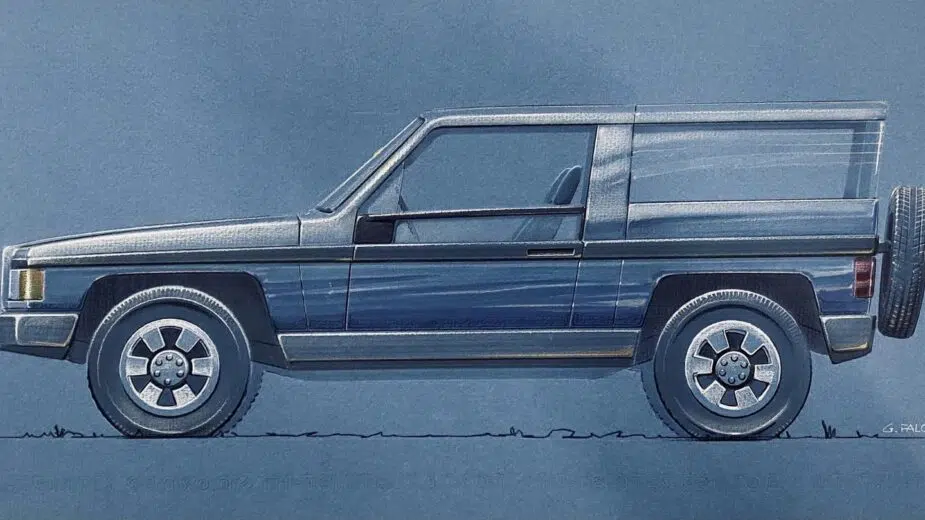 Esboço que mostra vista lateral de proposta para todo o terreno da Volvo