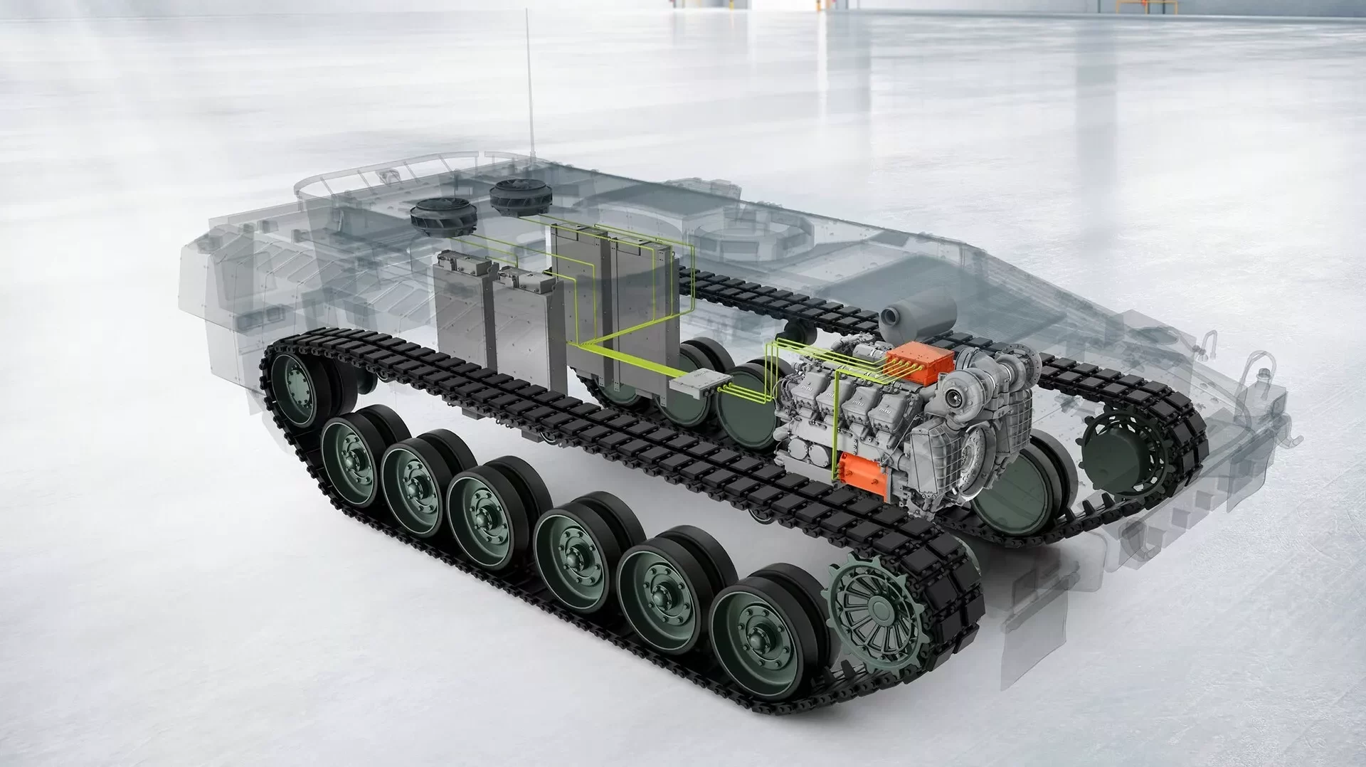 Motor V10 Diesel híbrido da Rolls-Royce em veículo com lagartas