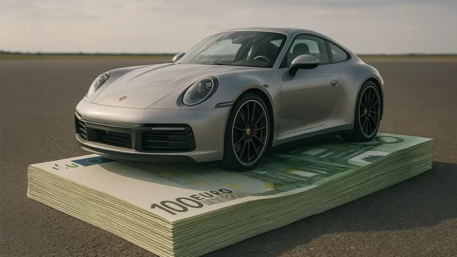 Porsche 911 sobre uma pilha de dinheiro