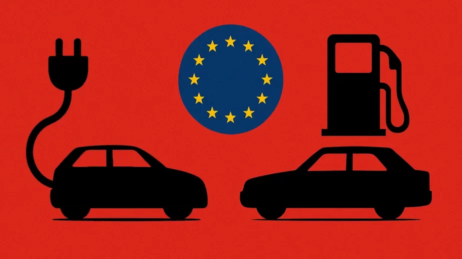 ilustração com carro elétrico e a combustão, com bandeira da UE ao centro