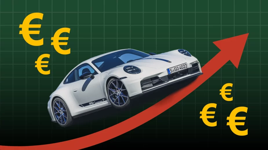 Ilustração com Porsche 911 sobre seta a subir, rodeado de símbolos do euro