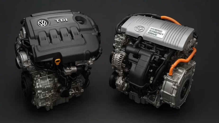 Motor TDI da VW e motor híbrido da Toyota