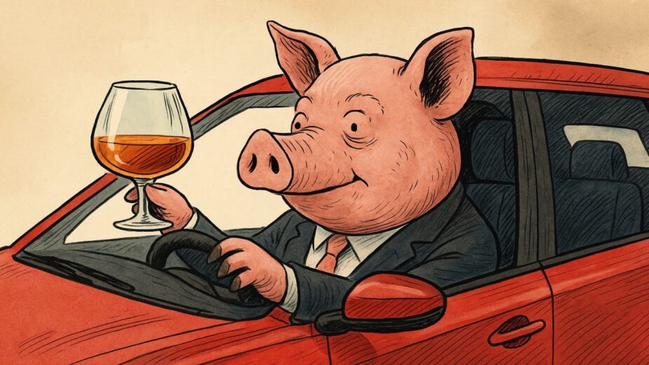 Ilustração de porco a conduzir com copo na mão